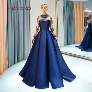 

Vivian's Bridal High-end Beading Crystal High Collar Flesh-colored Mesh Women Evening Gown Full Sleeve Zipper Long Full Dress