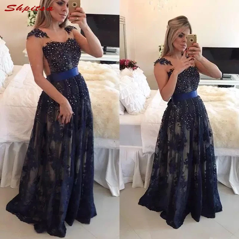 

Navy Blue Mother of the Bride Dresses for Wedding Party Beaded Prom Evening Groom Dinner Dresses 2018