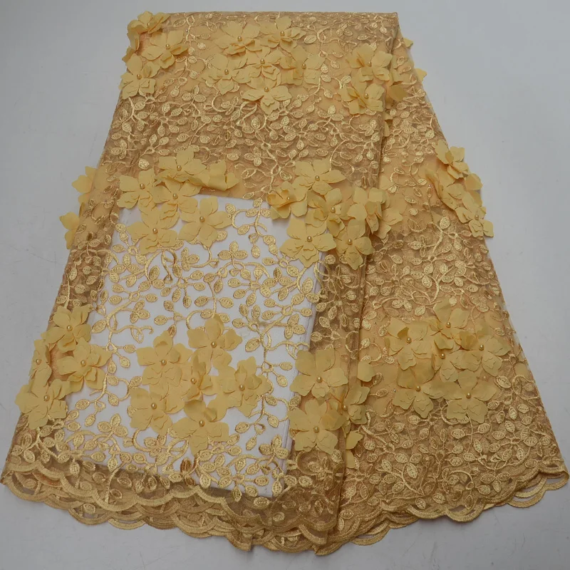 

(5yards/pc) high quality gold Afrian tulle lace French net lace fabric with gorgeous 3d flowers and beads for party dress FLP112