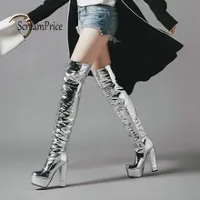 Женские пикантные Серебристые Сапоги выше колена на высоком массивном каблуке, расшитые блестками; модные зимние женские сапоги на платформе с боковой молнией