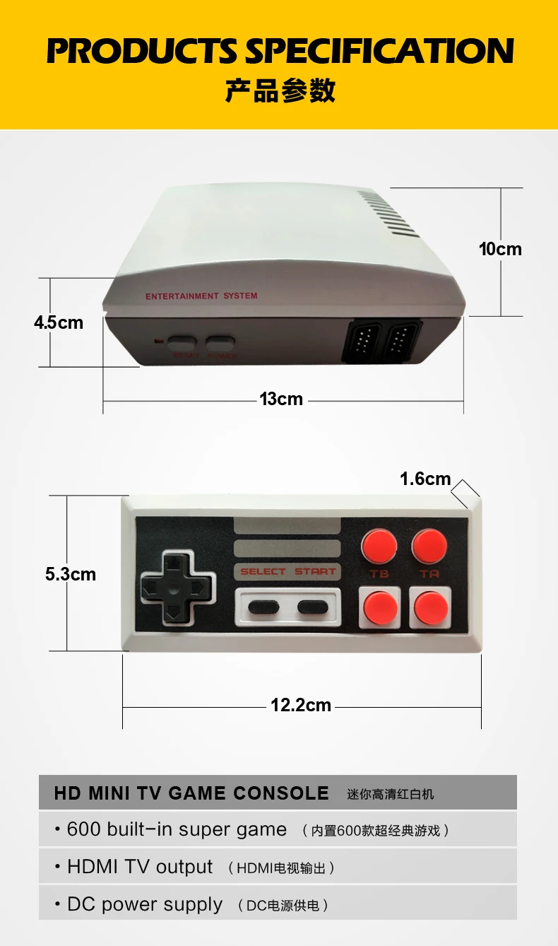 YLW New Design MINI HD TV Game Console with 600 Classic Games Inside 4 play buttons with 2 controller fit for adults and kids