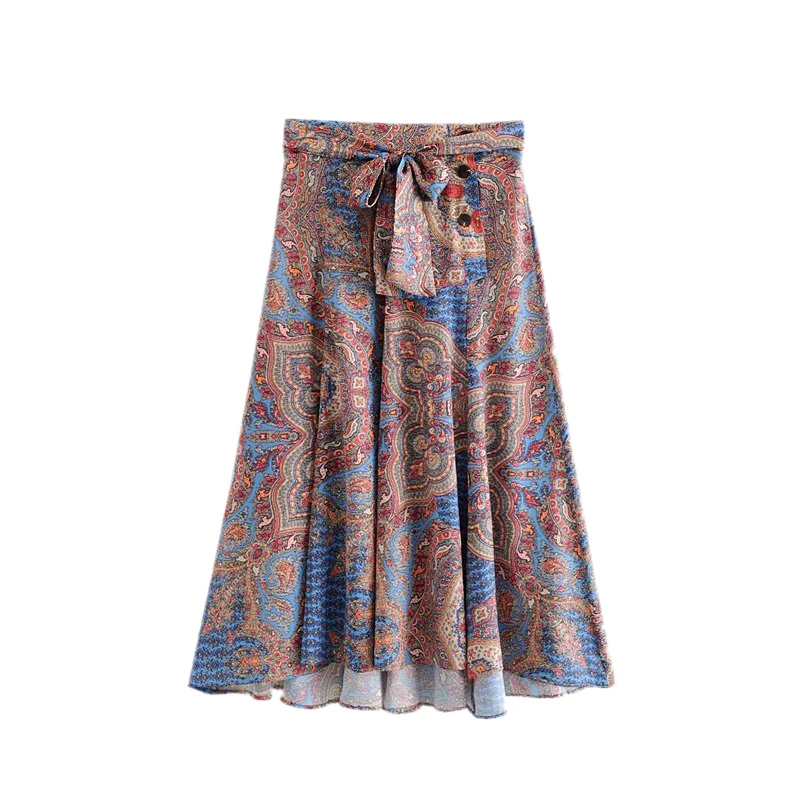 

Women Vintage Print Midi Skirt Elastic Waist Bow Tie Side Buttons Design Pleated Female Retro Stylish A Line Skirts FFZBQ49