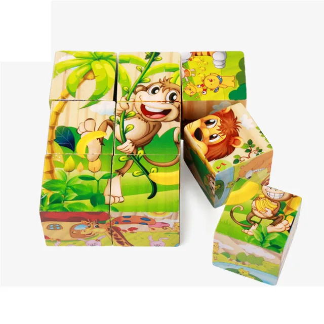 Nine Blocks Six-sided 3D Jigsaw Cube Puzzle Wooden Toy For Children Wooden Cartoon Animal Puzzle Funny Games Kid Educational Toy 3