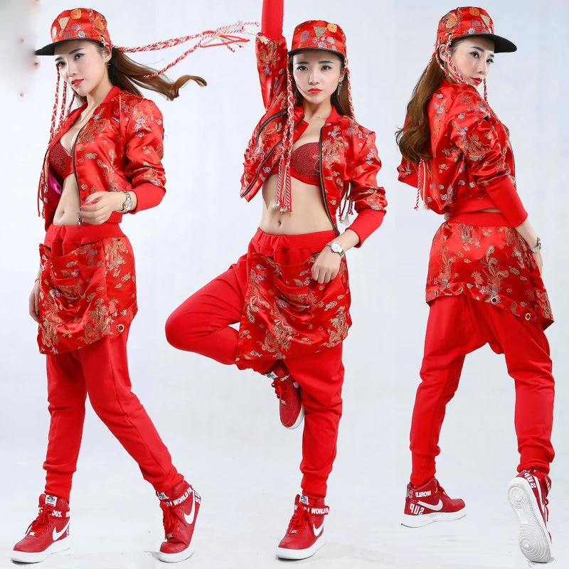 

Hip Hop Dance Costume Adult Red Dragon And Phoenix Embroidery Coat Pants Men Women Stage Clothes For Singers Jazz Wear DT1064