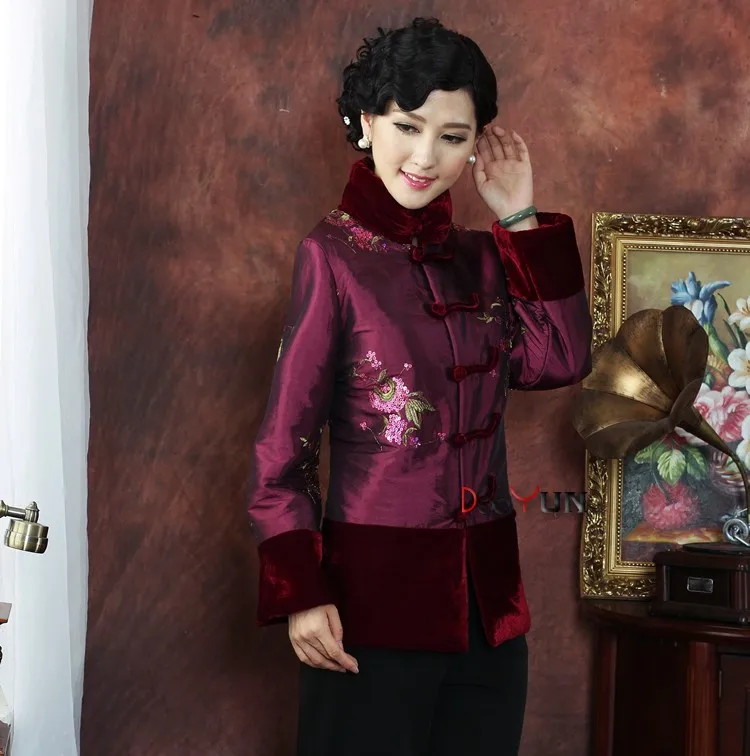 Скидка фиолетовая Китайская традиционная Женская Стеганая куртка с длинными рукавами для среднего возраста вышивка костюм Тан верхняя рука L XL XXL 3XL 4XL