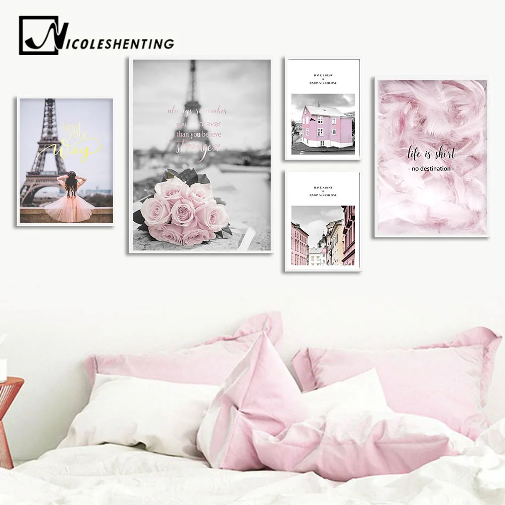 

Eiffel Tower Girl Wall Art Canvas Fashion Poster Pink City Landscape Print Painting Nordic Decoration Picture Living Room Decor