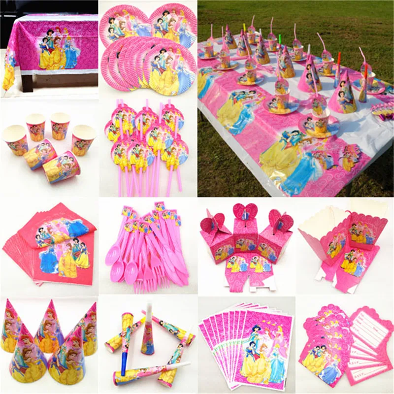 

Princess Party Supplies Decoration Tablecloth Cup Plate Straw Napkin Cap Gift Bag Candy Popcorn Box Card Girl Birthday Party
