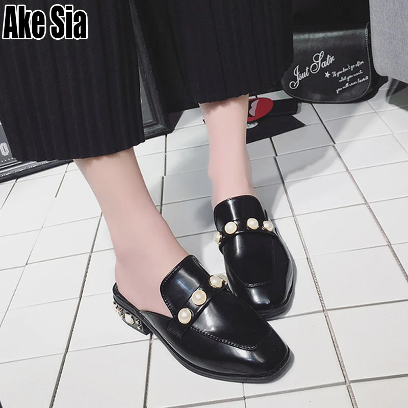 

Fashion Pearl Pearly Adorn Casual Women Female Slip-On Half Slippers Loafers Lazy Scuff Mules Low Chunky Heels Slides Shoes A525
