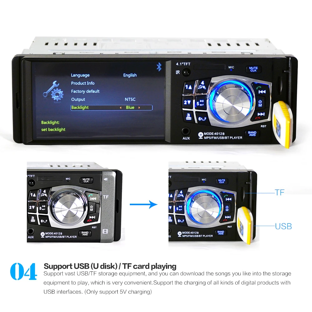 4,1 дюймов 1 Din автомагнитола Авто аудио стерео fm-радио Bluetooth 2,0 Поддержка камеры заднего вида USB рулевое колесо дистанционное управление