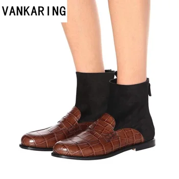 

VANKARING square heels new brand women boots cozy round toe plus size leather ankle boots for women motorcycle boots shoes woman