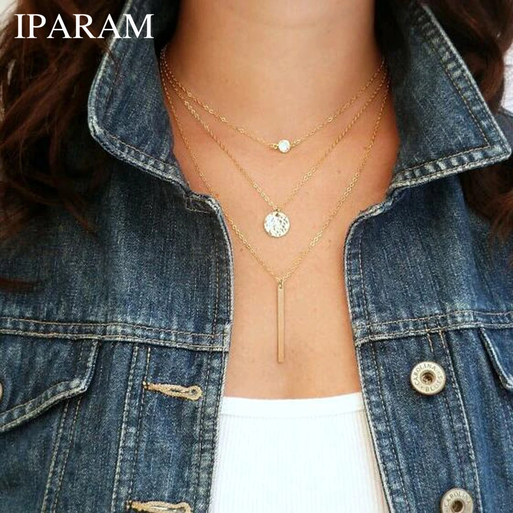 

IPARAM 2019 Fashion suspension geometry crystal layer 3 gold sliver color to choose chain necklace women jewelry jewelry gift