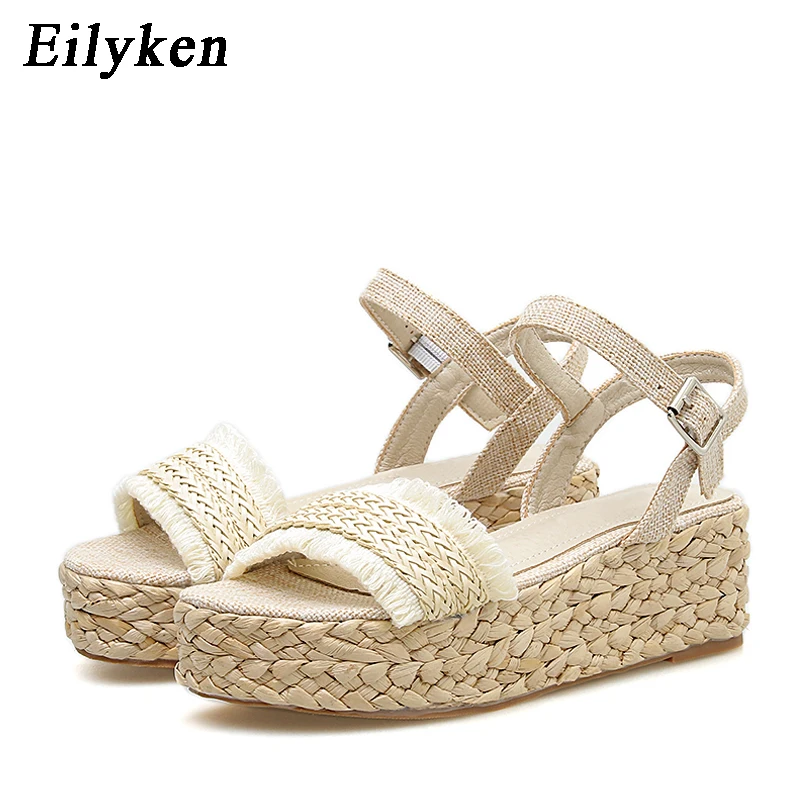 

Eilyken High quality Solid Wedge Low Heel 5.5 cm Casual Sandals Open Toe Platform Buckle strap Cane Apricot Women Sandals