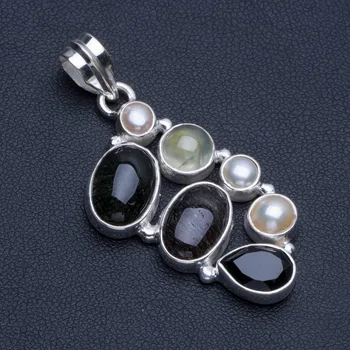 

Natural Tourmalinated Quartz,River Pearl and Black Onyx Punk 925 Sterling Silver Pendant 2" R0796