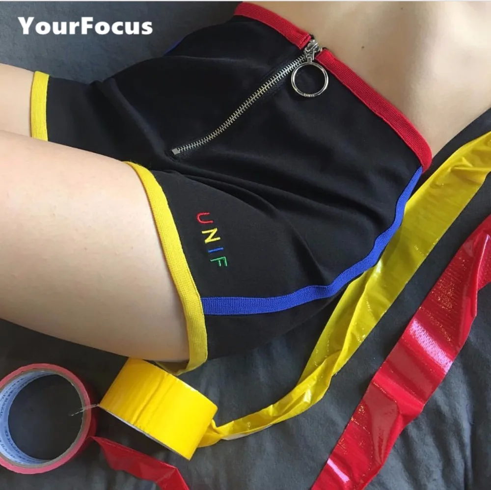 

summer 2018 American street style colorful letters embroidery colorant match ring circle zipper black short tight short feminino