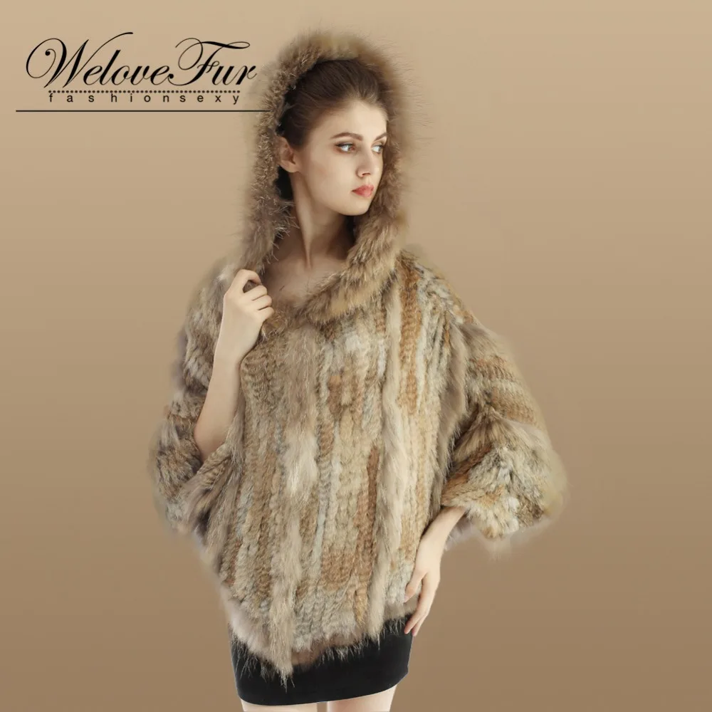 Lady New Real Knitting Rabbit Fur Shawl With Raccoon Fur Trim Hooded