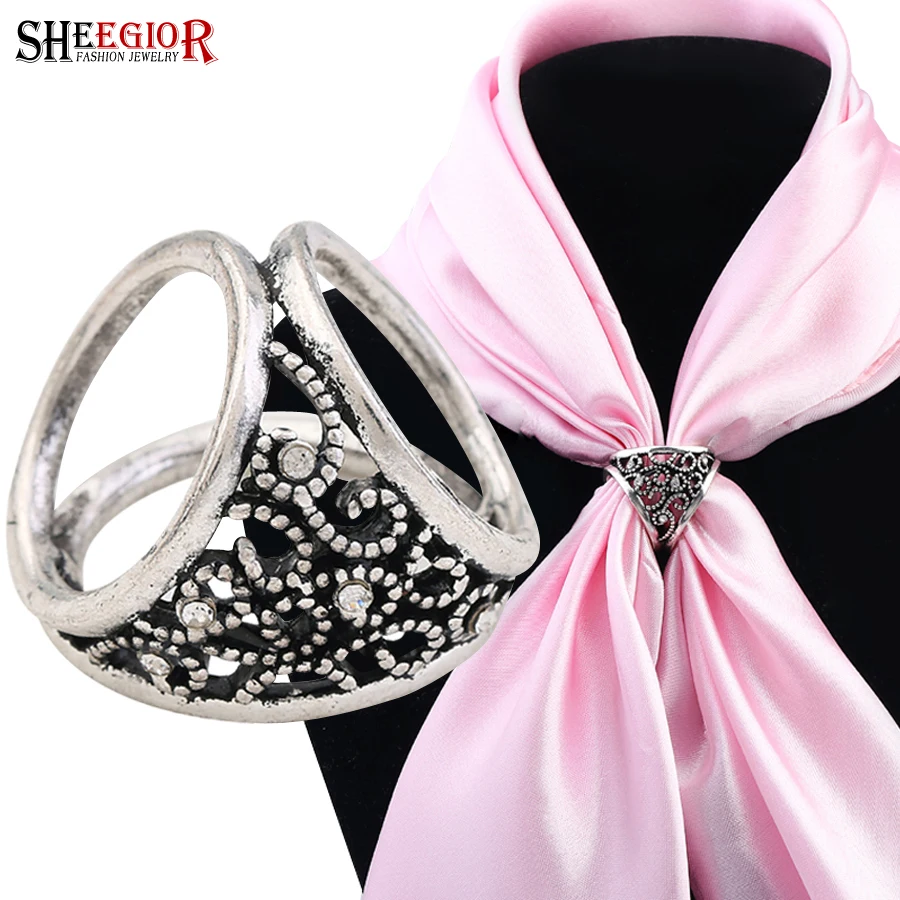 

SHEEGIOR Vintage Ethnic Silk Scarf Buckle Brooches for Women Lovely Bronze Silver Hollow Flower Brooch Pins Fashion Jewelry Gift