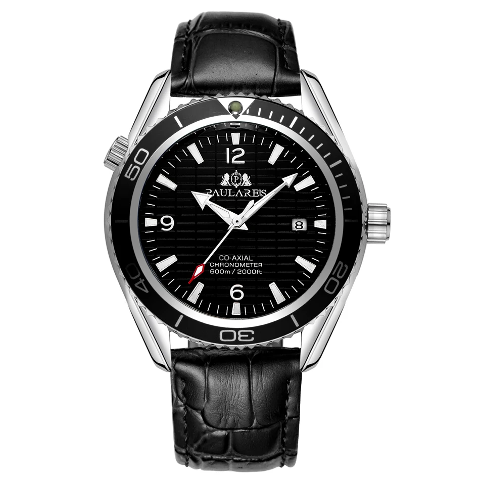 Leather Black Автоматические заводные механические нержавеющая сталь Ремешок Простой Оранжевый Синий ободок Джеймс Бонд 007 стиль Дата Бизнес Мужские часы - Цвет: Leather Black