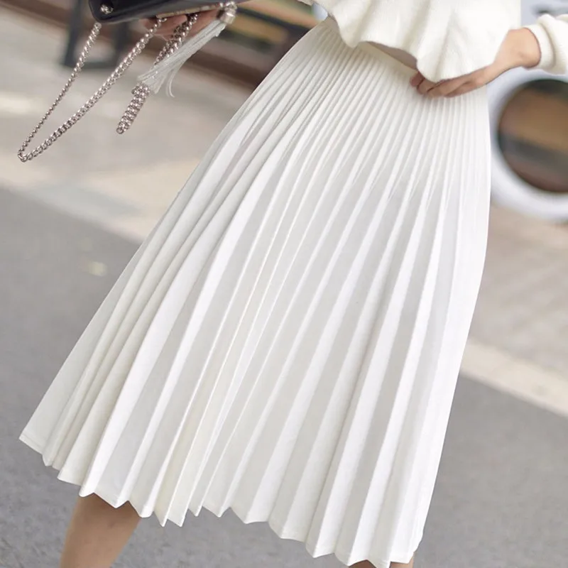 Весенняя и Осенняя длинная Плиссированная юбка в винтажном стиле с высокой талией, белые и черные трапециевидные юбки для женщин, faldas mujer moda jupe femme