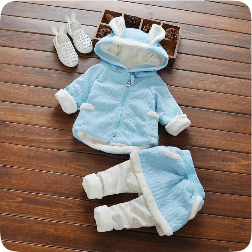 Теплый плотный комплект для малышей на весну, осень и зиму, комплекты одежды для девочек, флисовые Топы с капюшоном и рисунком+ штаны, комплект из 2 предметов, JW6837 - Цвет: blue clothes sets