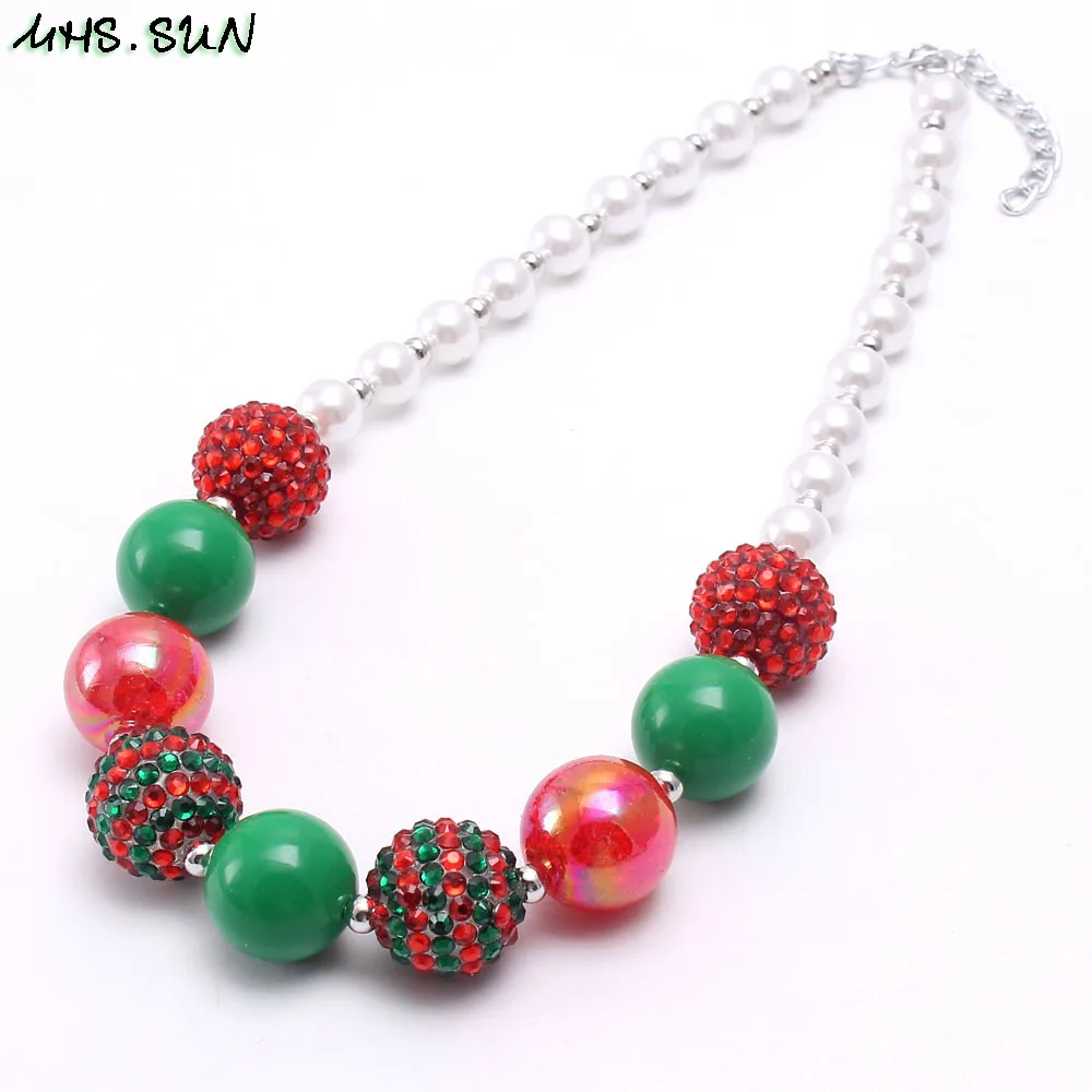 BN555-1 (2),$4.47.Fashion Christmas Gift Kids Girls Chunky Bead Necklace GreenRedWhite Bubblegum Chunky Necklace Festival Jewelry 1Pcs