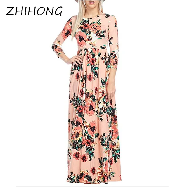 ZHIHONG Women's Spring Fashion Printed Long Dress Three Quarter Sleeve Empire Flower Floor-length Dress