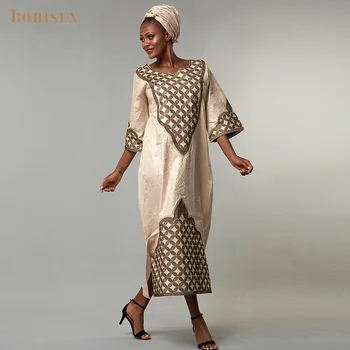 

BOHISEN 100% Cotton African Print Women Bazin Riche Maxi Dress 2 Pieces Dashiki Clothes With Scarf Long Sleeve African Dresses