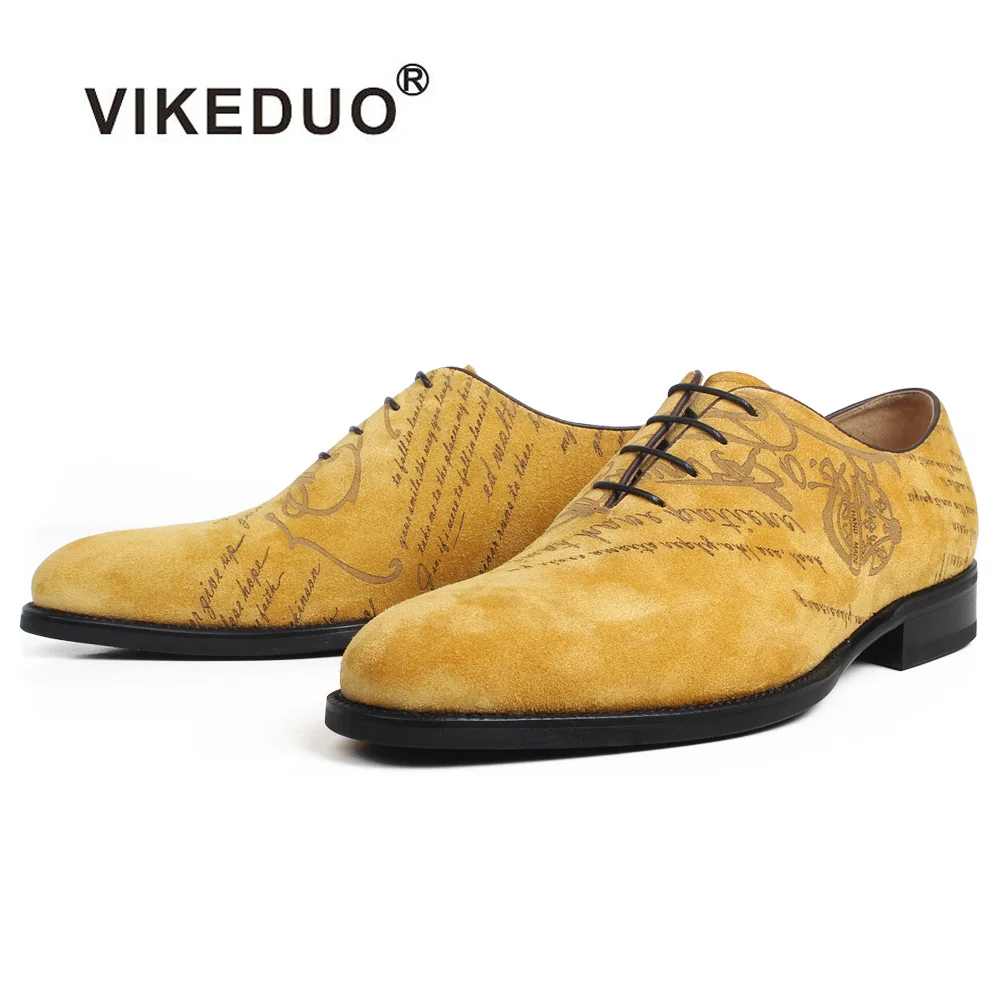 

VIKEDUO Genuine Cow Suede Oxford Dress Shoes Men Yellow Flat Letter Laser Wedding Office Handmade Shoes Formal Zapato de Hombre