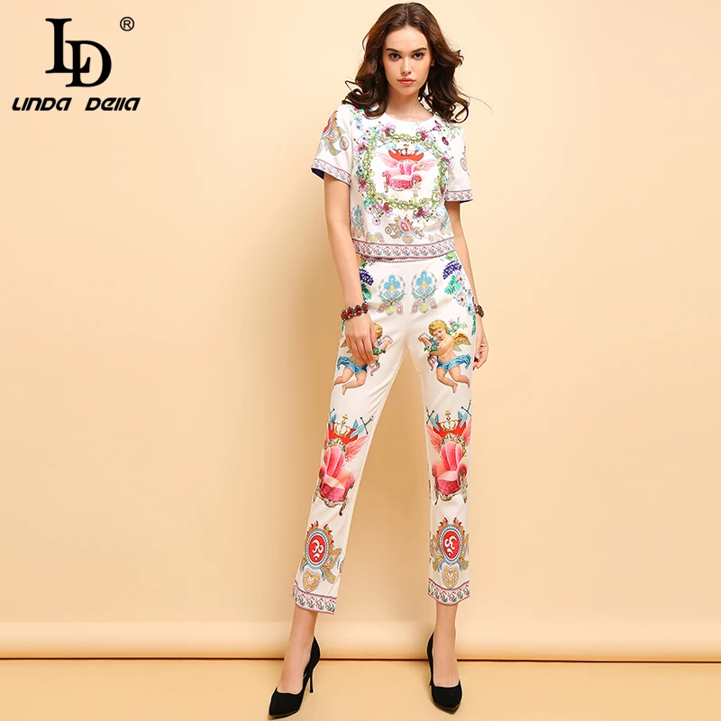 

LD LINDA DELLA Fashion Spring Summer Suits Women's Casual Short Sleeve Beading T-shirt and Elegant Angel Print Pants 2Pieces Set