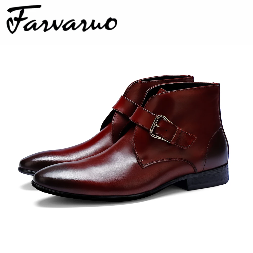 

Farvarwo Mens Formal Dress Shoes Genuine Leather Pointed Toe Chelsea Boots Shoes for Men 2018 Fashion Business Strap Ankle Boots