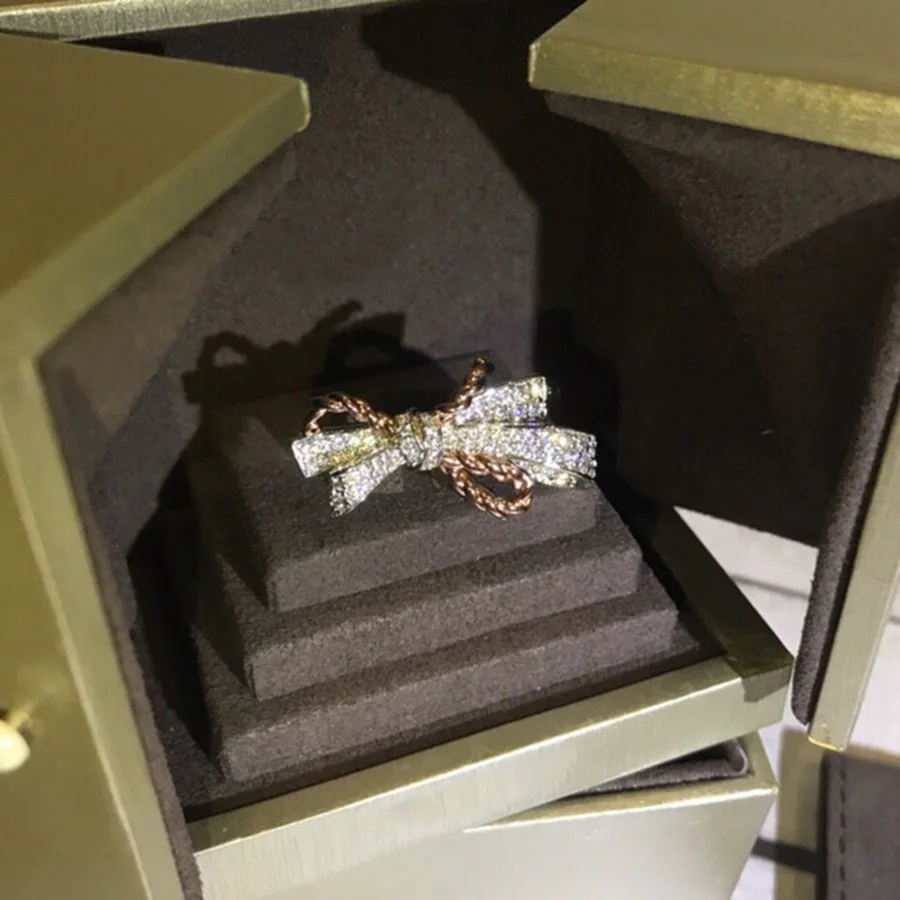 

Fashion Famous Brand Gorgeous Silver Rose Gold Color Bowknot Ring For Women Dazzling Jewelry Party Rings Gift High Quality
