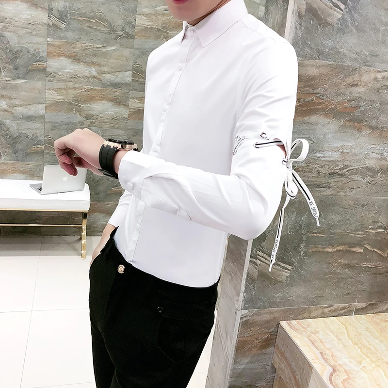 Long Sleeves Straps Shirts Mens White Shirts Patchwork Mens Black Dress