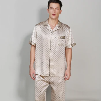 

CEARPION Male Summer New Short Sleeve Sleepwear Elegant Casual Daily Home Clothes Men 100% Silk 2pcs Shirt+pant Night Wear