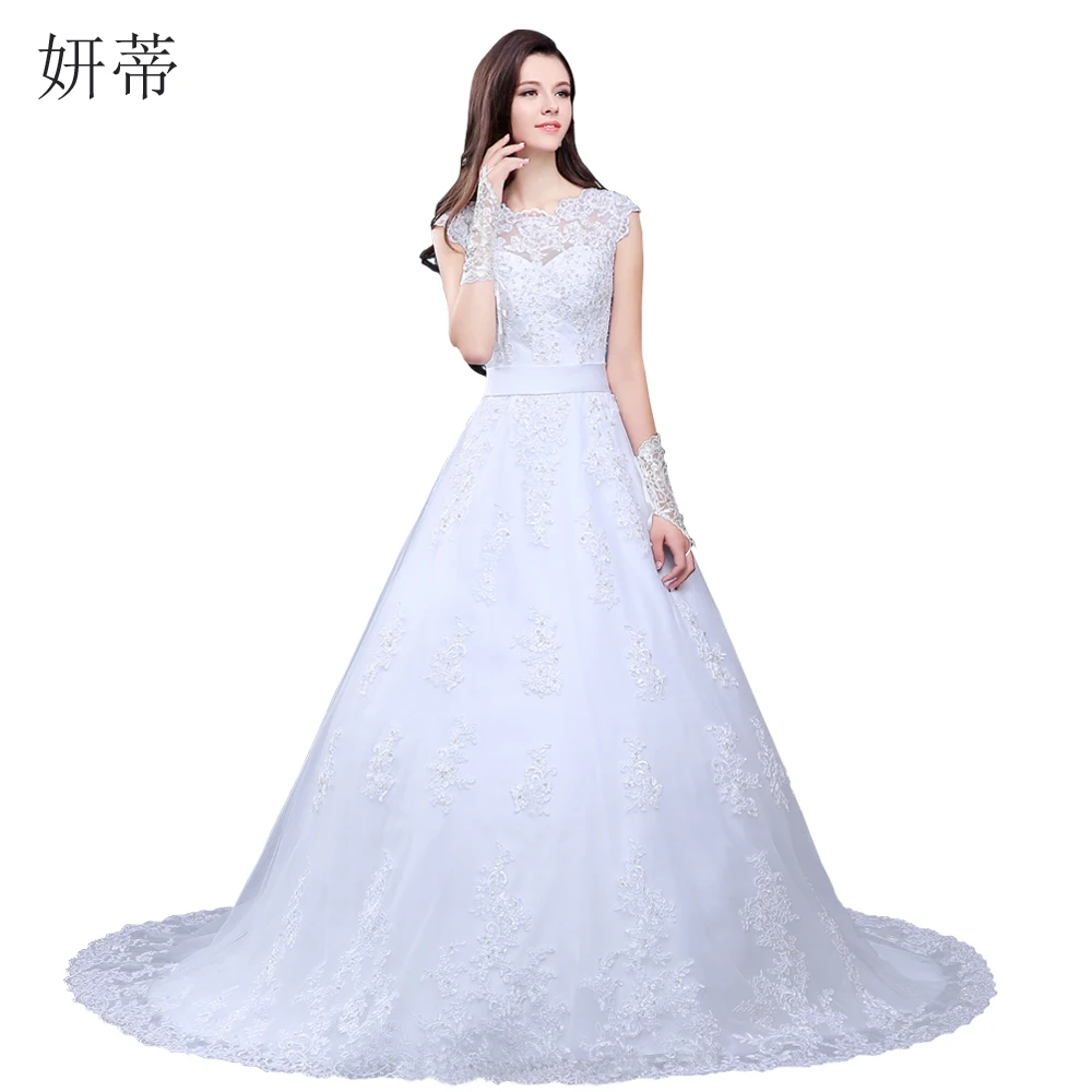 

Charming Beading Applique Beading Lace A Line Wedding Dress 2017 Short Sleeve Button Bow Chapel Train Women Bridal Gowns
