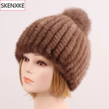 Натуральная норковая меховая шапка с помпоны из лисьего меха женские новые брендовые утепленные женские меховые шапки женские зимние вязаные настоящие шапочки с мехом норки