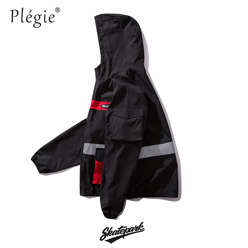 Harajuku 3M Reflective Jacket Men Hip Hop Streetwear Hooded Jacket Windbreaker Spring 2019 Color Block Track Jacket Coat Hoodies