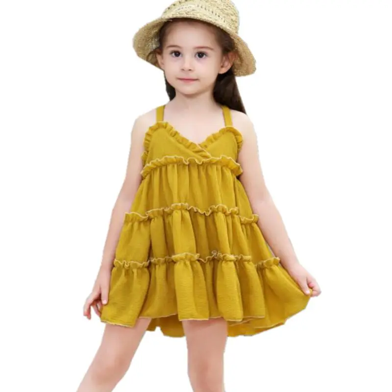 2018 Solid Girls Dress Summer Dresses Princess Beach Strap Ruffles Baby ...