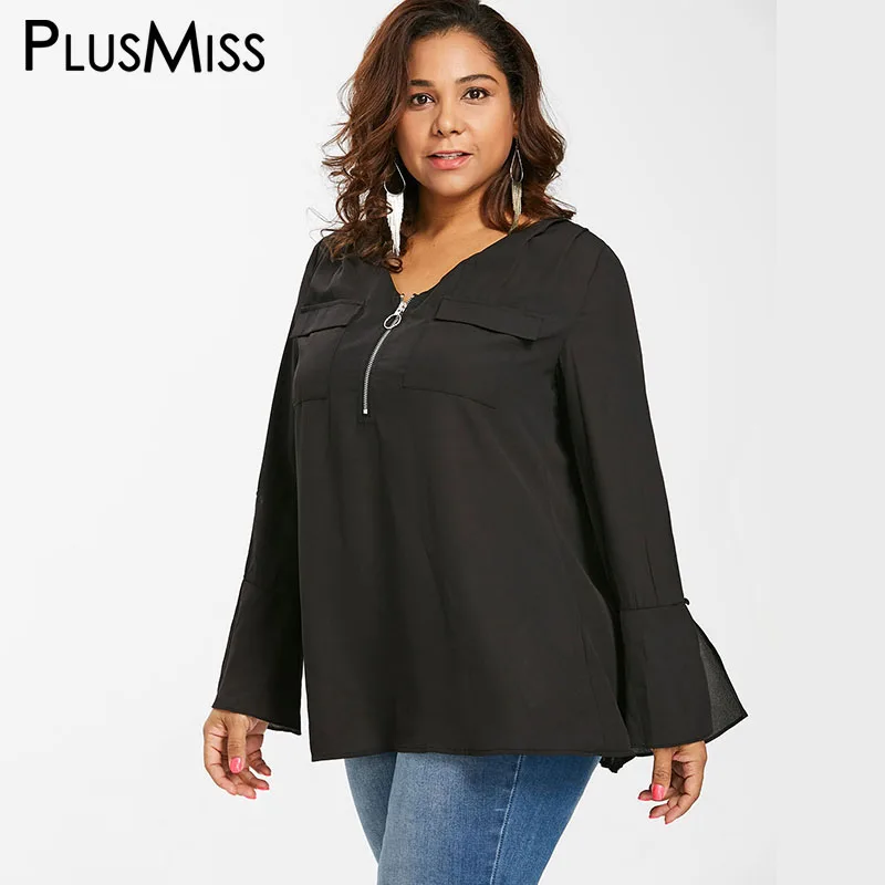 

PlusMiss Plus Size Bell Flare Sleeve Front Zipper Tunic Tops 5XL XXXXL Women Big Size Black Chiffon Blouse Female 2018 XXXL XXL