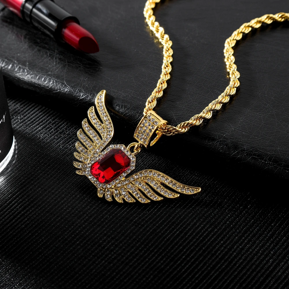 Ожерелье-цепочка унисекс в стиле хип-хоп, стразы, ожерелье с крыльями ангела, квадратная подвеска с красным кристаллом, ожерелье s для женщин и мужчин, ювелирные изделия