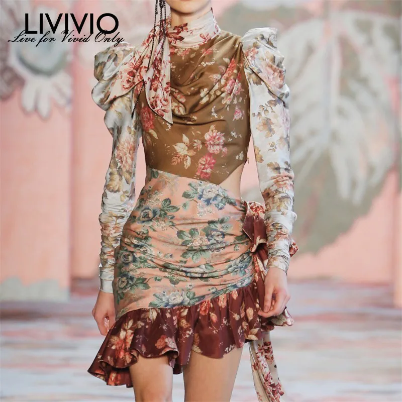 

[LIVIVIO] Print Dresses Female Puff Sleeve High Waist Hollow Out Lace Up Asymmetrical Ruffle Dress Women Spring 2019 Fashion