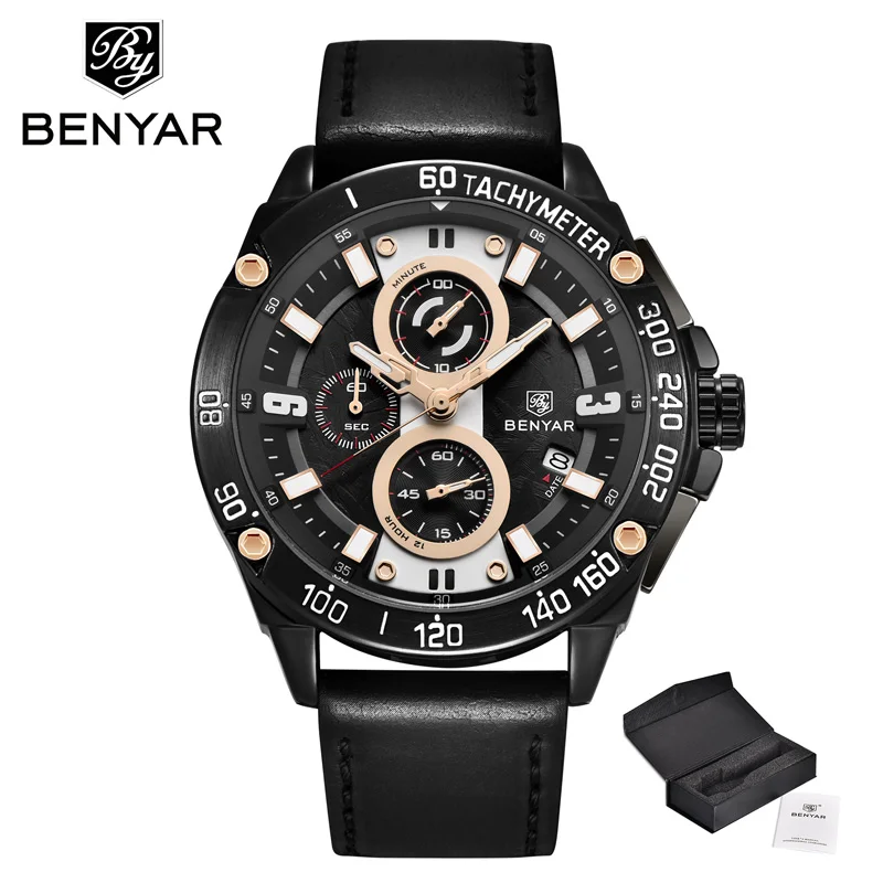 Black L BENYAR мужские часы часы Мужские кварцевые часы лучший бренд Роскошные мужские военные часы хронограф кожаный ремешок zegarek damski - Цвет: Black L