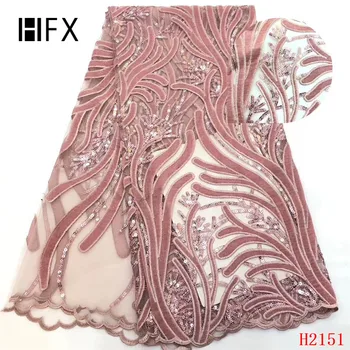 

HFX pink Color African Lace Fabric 2019 High Quality French Velvet Lace Fabric With sequins Lace Fabric For Wedding Party H2151