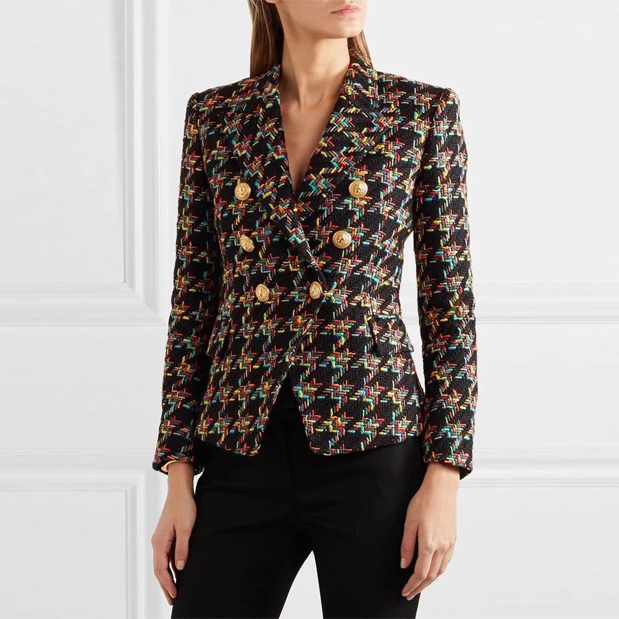 

EXCELLENT QUALITY 2018 Stylish Designer Blazer for Women Double Breasted Lion Buttons Tweed Houndstooth Wool Coat