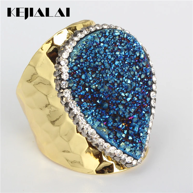 KEJIALAI Luxury Jewelry Waterdrop Tear Dark Blue Druzy Mineral Semi Precious Stone Pure Gold Color Adjustable Open Ring Unisex | Украшения