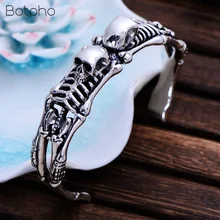 Solid 925 Sterling Silver Skeleton Bracelet for Men Rock Punk 1.6cm Width Skull Bangles&Handmade Carved Human Bone Fine Jewelry Solid 925 Sterling Silver Skeleton Bracelet for Men Rock Punk 1.6cm Width Skull Bangles&Handmade Carved Human Bone Fine Jewelry