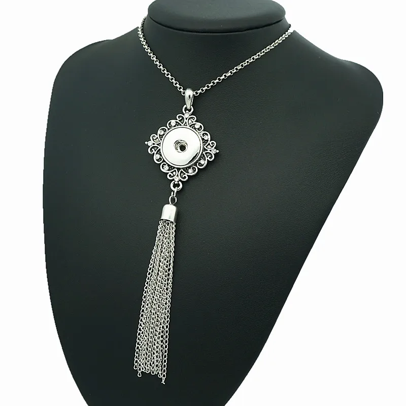 

New Bohemia Ethnic Snap Button Necklace Silver Long Tassel Snap Pendant Necklace with 80cm Chains 18mm Snap Buttons Jewelry IB35