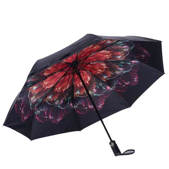 

New pattern Men Black Coating Folding Automatic Umbrella rian Women Flowers Windproof ultraviolet-proof sun Umbrellas For female