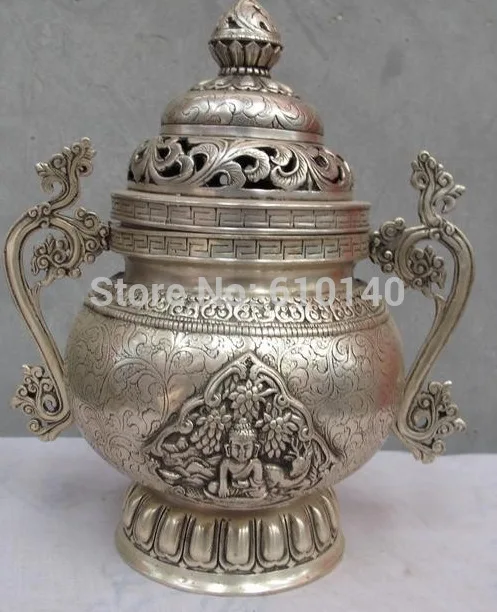 

Tibet White Copper Silver carved Deer Tathagata Buddhism incense burner Censer