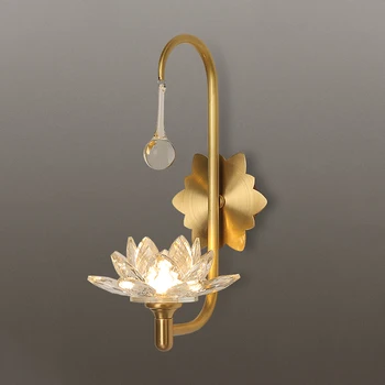 

Full Copper Crystal Lotus Wall Lamps Bedroom Vintage Wall Mount Lights Modern Creative Aisle Lighting Fixture