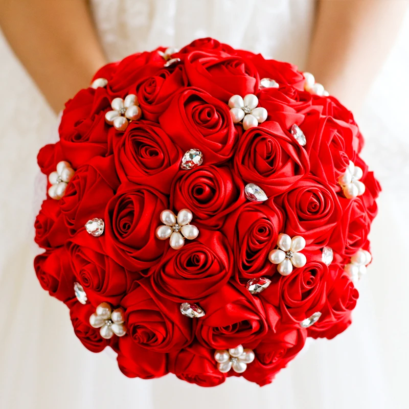 Bouquet de fleur de Rose rouge pour mariage, bijoux de mariée, en tissu  cristal, perles et strass | AliExpress