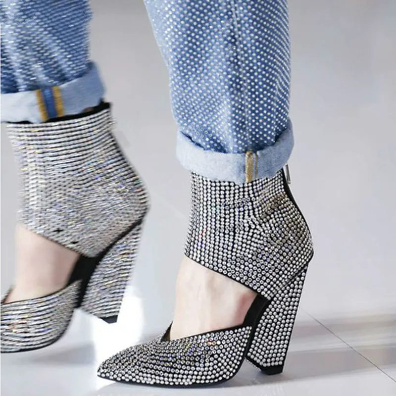 

Silver Rhinestone High Heel Shoes Women Ankle Wrap Chunky Spike Heels Pointed Toe Pumps 2019 Full Crystals Runway Party Shoes